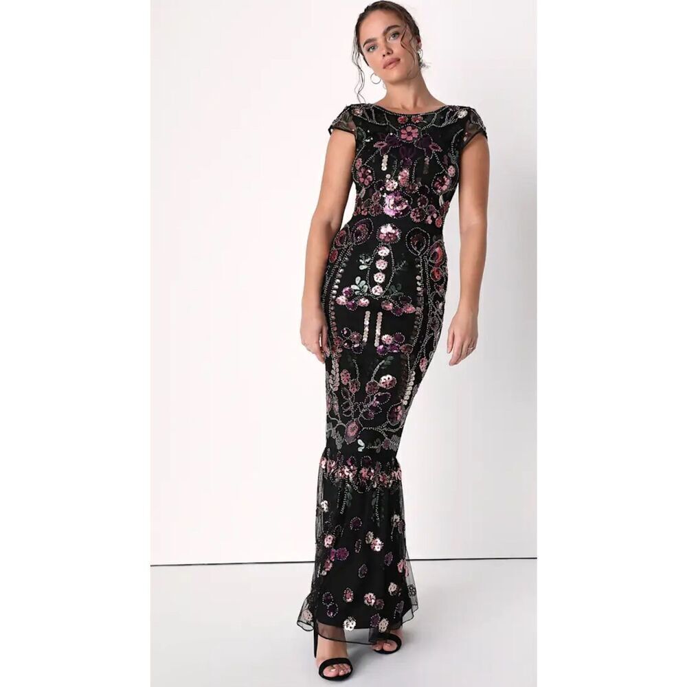 Lulus Era of Opulence Burgundy Sequin Cap Sleeve‎ Maxi Dress large